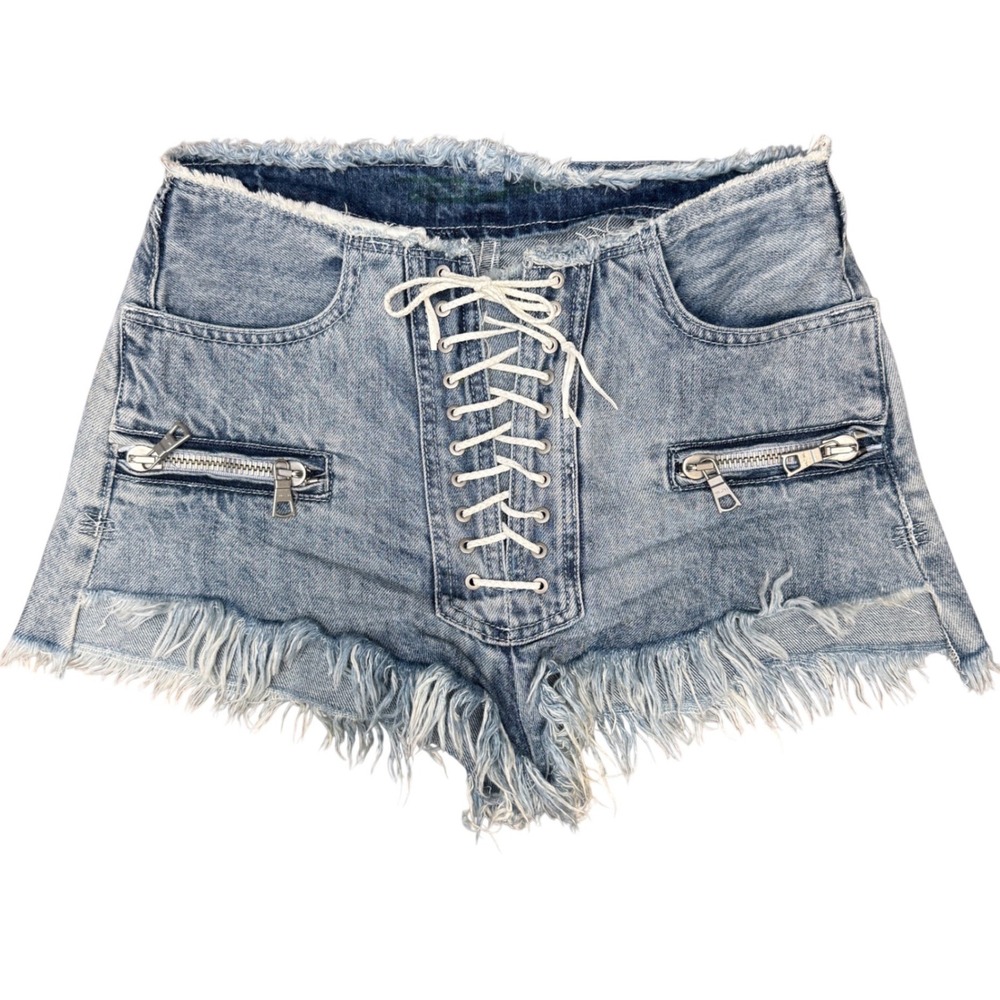 Unravel‎ Project Lace Up Front Denim Shorts Acid Wash Blue Frayed Hem Size 28